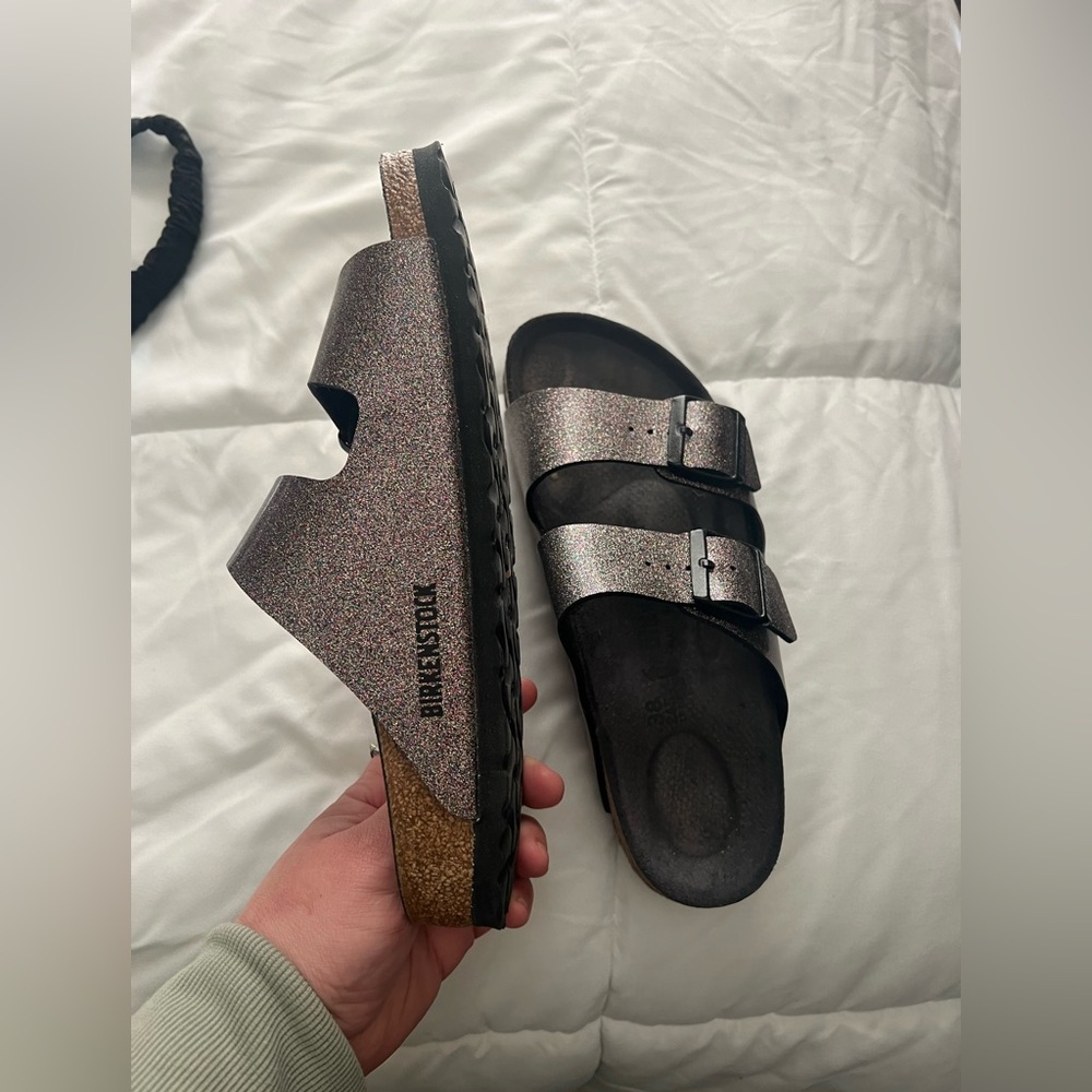 Gently used Birkenstock arizonas, black glitter